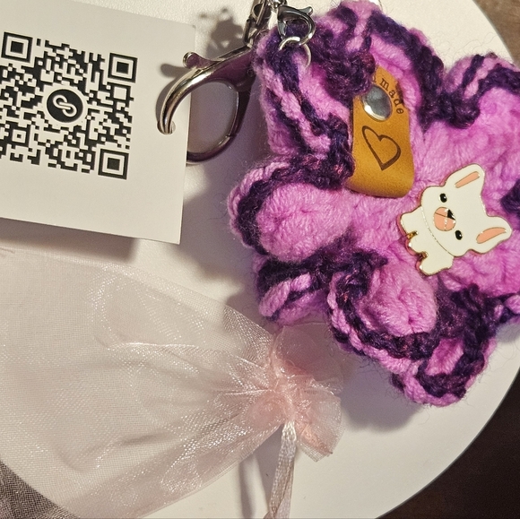 Handmade Crochet Floral Key chain Purple Dog Enamel Pin White Frenchie Puppy Pin - Picture 16 of 17